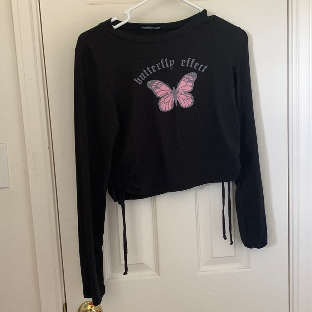 Black, Butterfly, Drawstring , Long Sleeve Shirt from Papaya